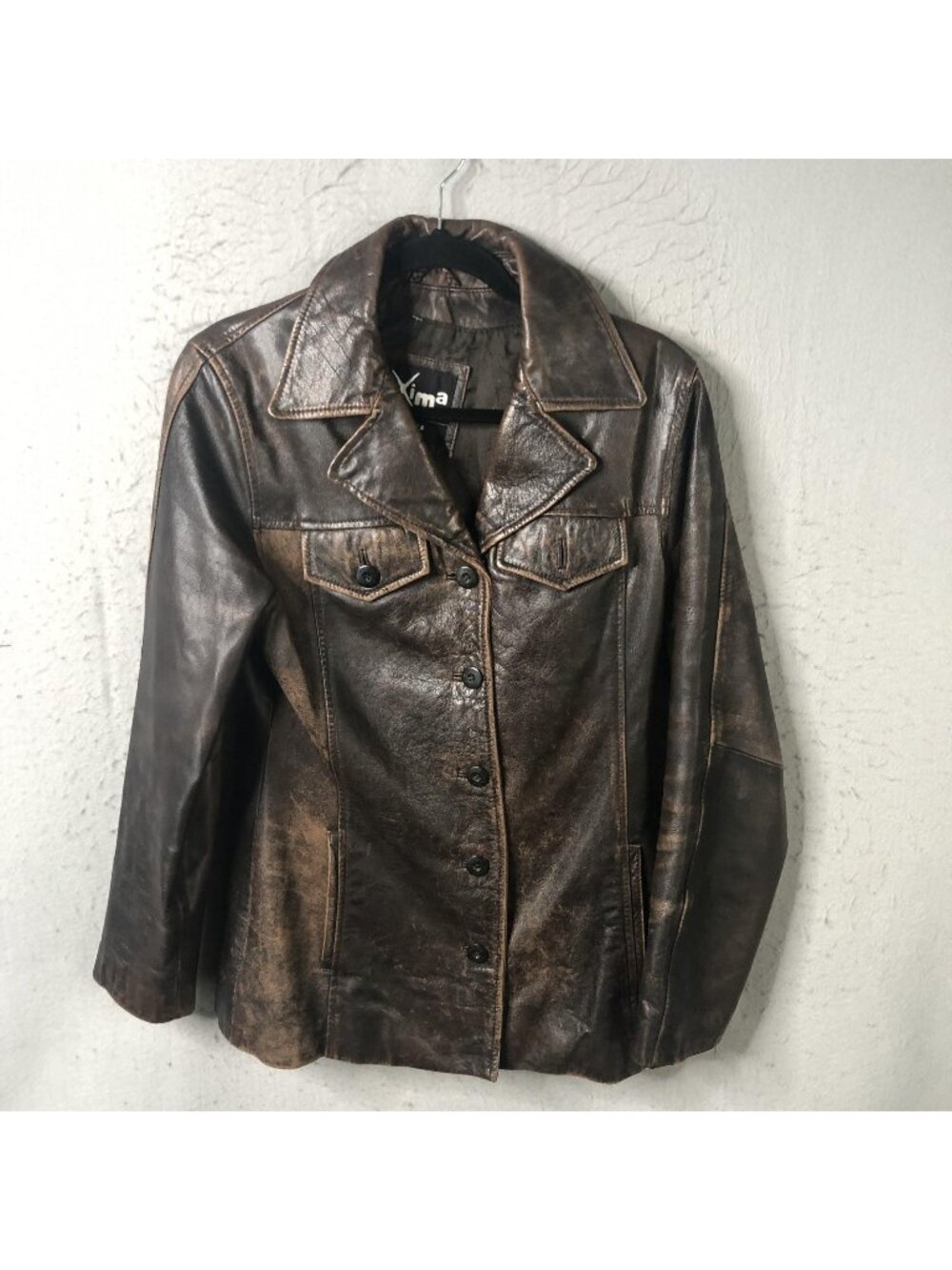 Maxima Leather Blazer Womens S Brown Distressed Button Western Y2K Boho Jacket